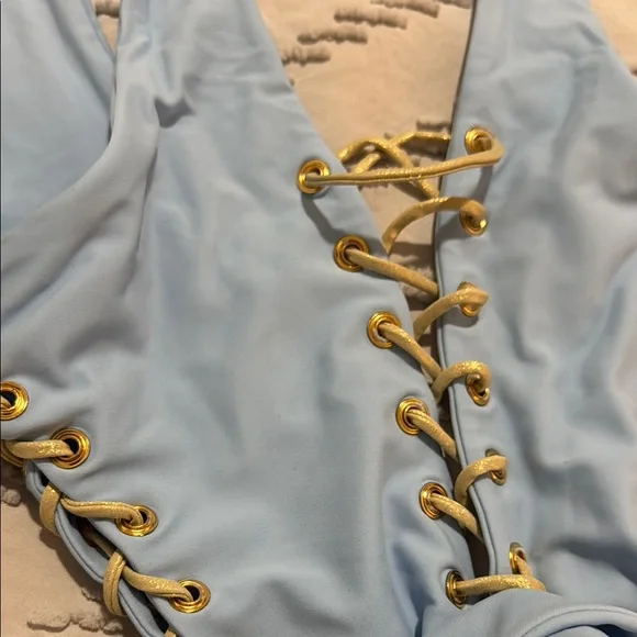 Luli Fama Light Blue One Piece Swimsuit with Gold Accents PURA CURIOSIDAD - Picture 4 of 8